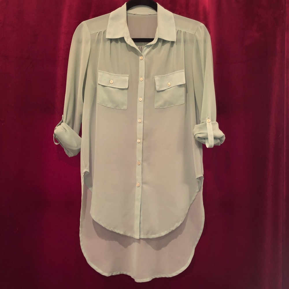 Sheer Green High-Low Roll-Up Sleeve Top